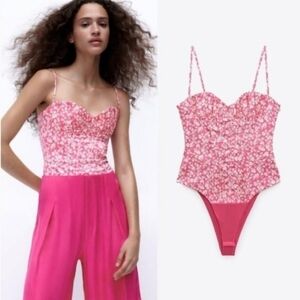 Zara Pink & White Ditsy Floral Corset Detail Spaghetti Strap Bodysuit M